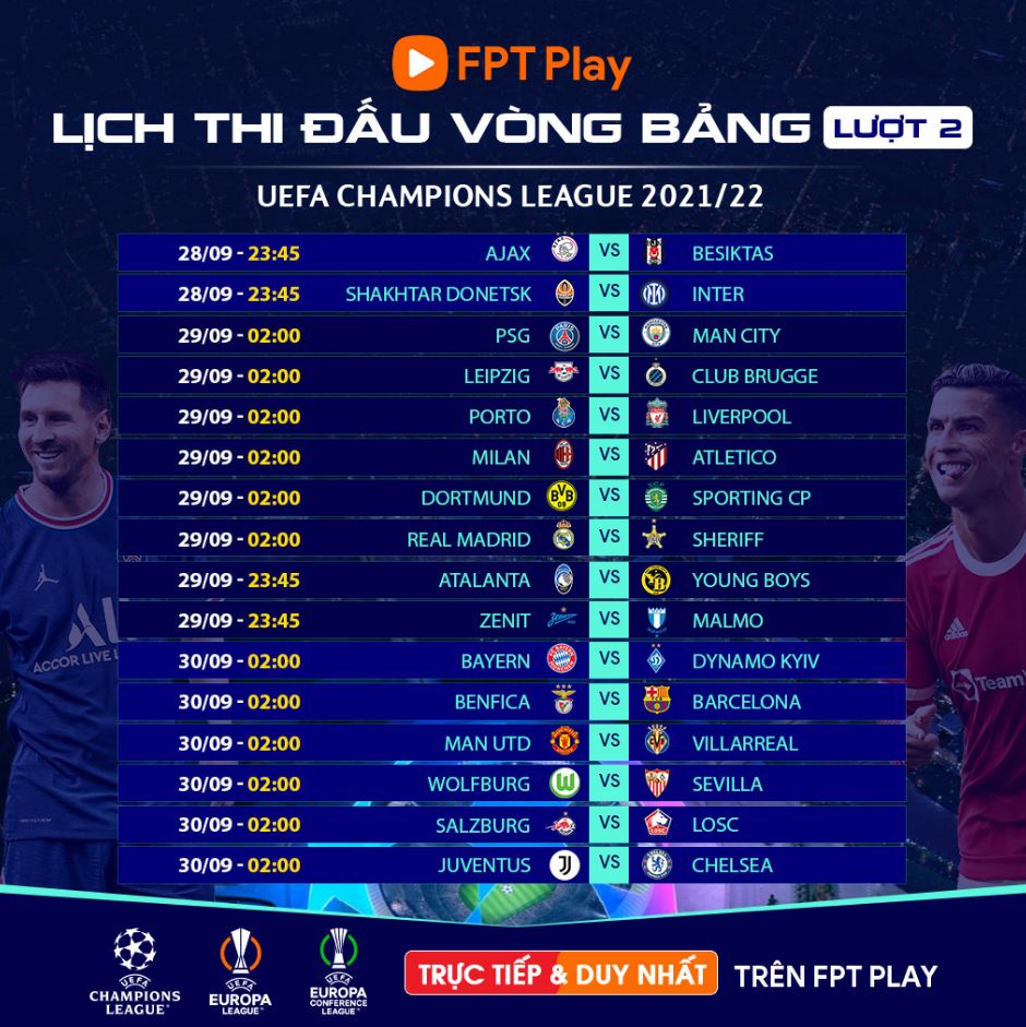 Lịch thi đấu cúp C1 uefa champions league trên fpt play
