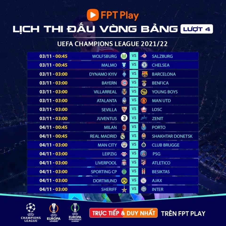 Lịch thi trực tiếp cúp C1 UEFA Champions League 2