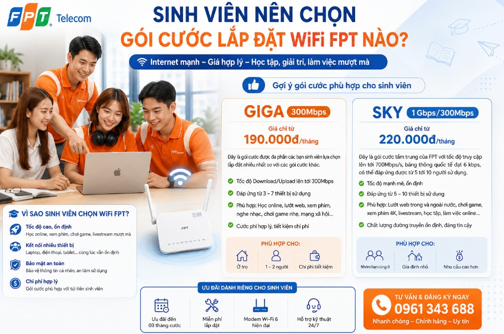 Lắp Wifi FPT Sinh Viên giá rẻ từ 200k - Tặng Modem, Triển khai ngay 2 Sinh viên nên lắp gói cước lắp đặt WiFi FPT nào