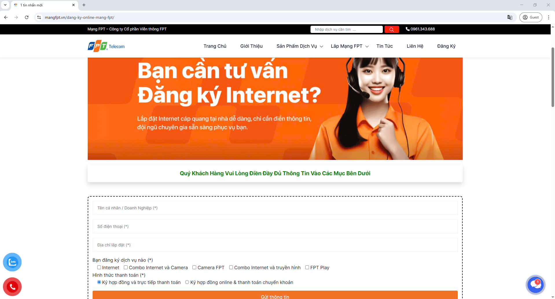 Điền thông tin đăng ký lắp mạng FPT online qua Form mẫu