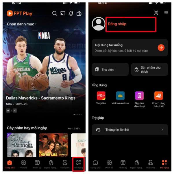 Hướng dẫn tải và mua gói FPT Play trên điện thoại, máy tính, Tivi Smart 3 Chọn Mở rộng và Đăng nhập