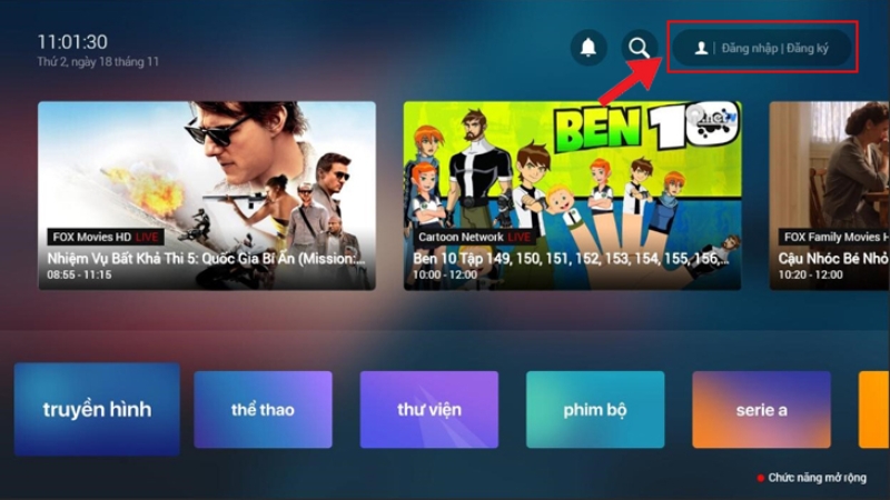 Hướng dẫn tải và mua gói FPT Play trên điện thoại, máy tính, Tivi Smart 8 Mở FPT Play trên Smart TV và chọn mục Đăng nhập, Đăng ký