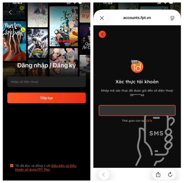 Hướng dẫn tải và mua gói FPT Play trên điện thoại, máy tính, Tivi Smart 4 Nhập số điện thoại của bạn để đăng ký và nhập mã OTP