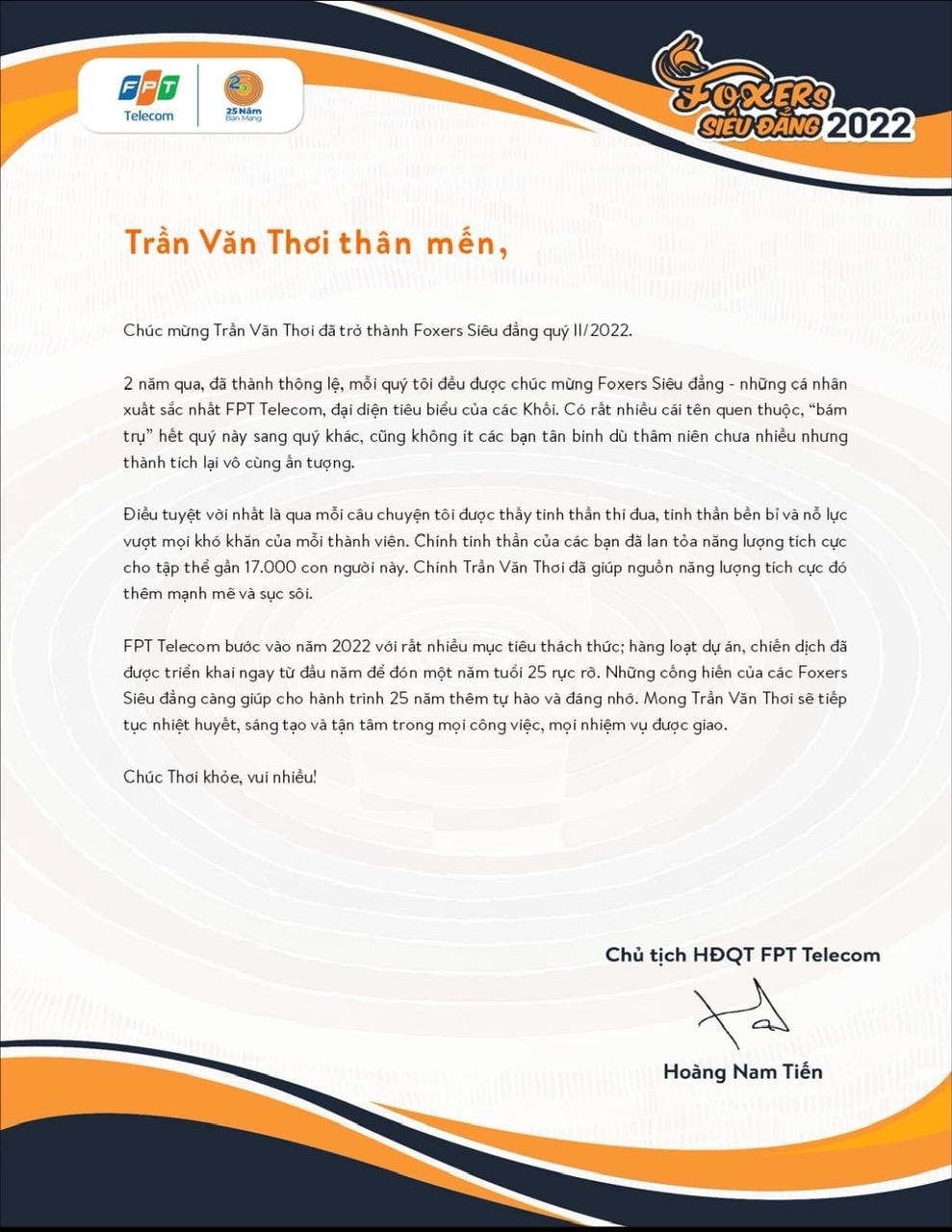 Ông Trần Văn Thơi 2 Thư chúc mừng Foxer siêu đẳng của chủ tịch FPT